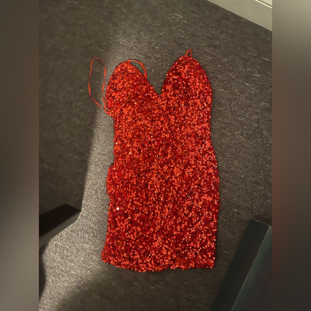 Fashion Nova Red Sequin V-Neck Spaghetti-Strap Mini Dress